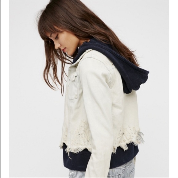 Free People Double Layer Distressed Jean Jacket Small Hood Destroyed Light Wash - Picture 2 of 14